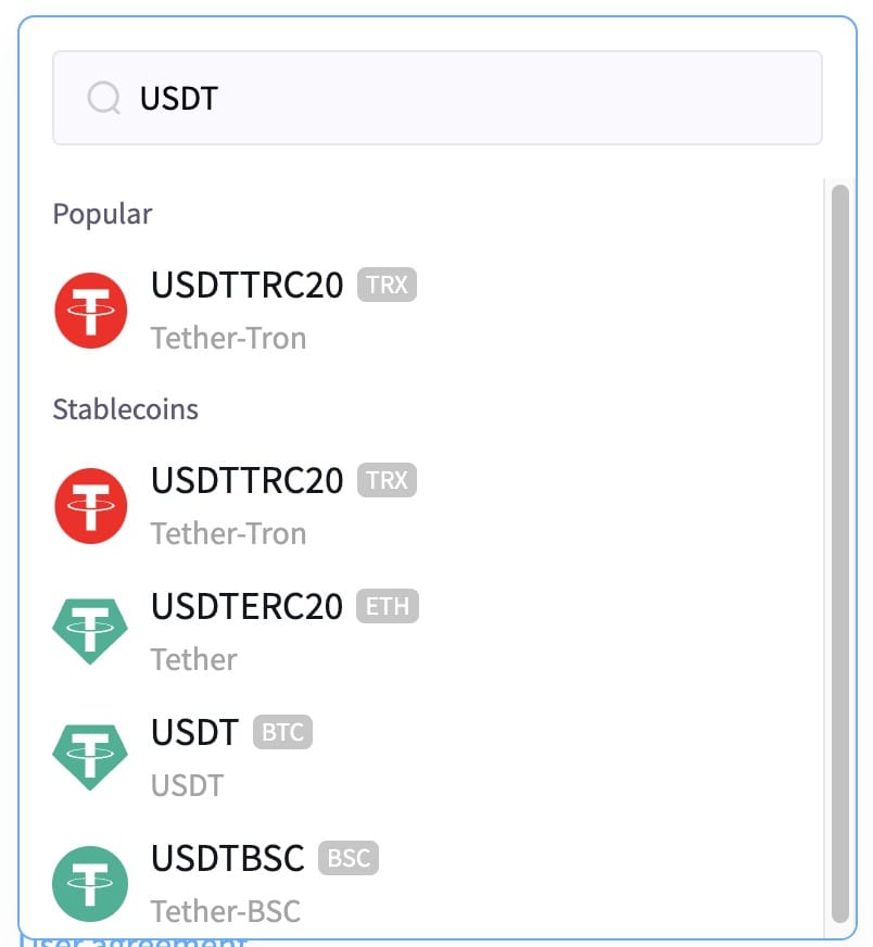 Select USDT and Your Preferred Blockchain Network