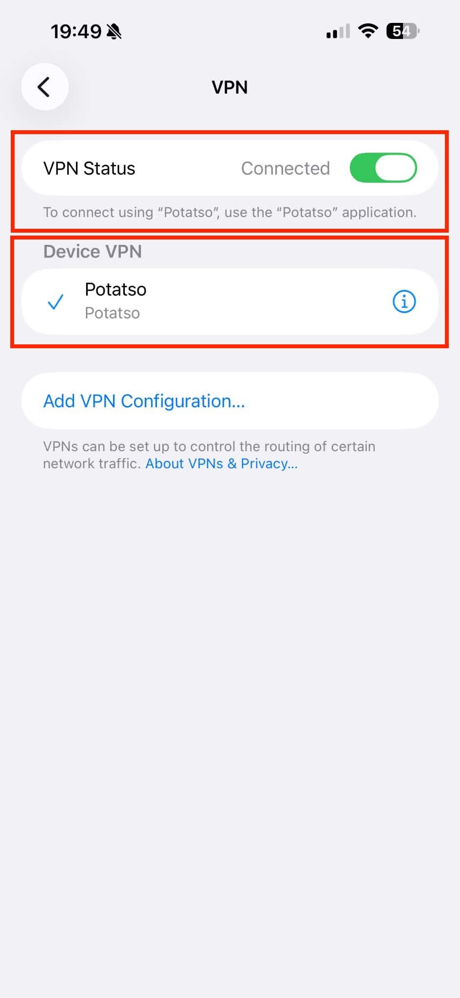 Potatso connection in iPhone settings