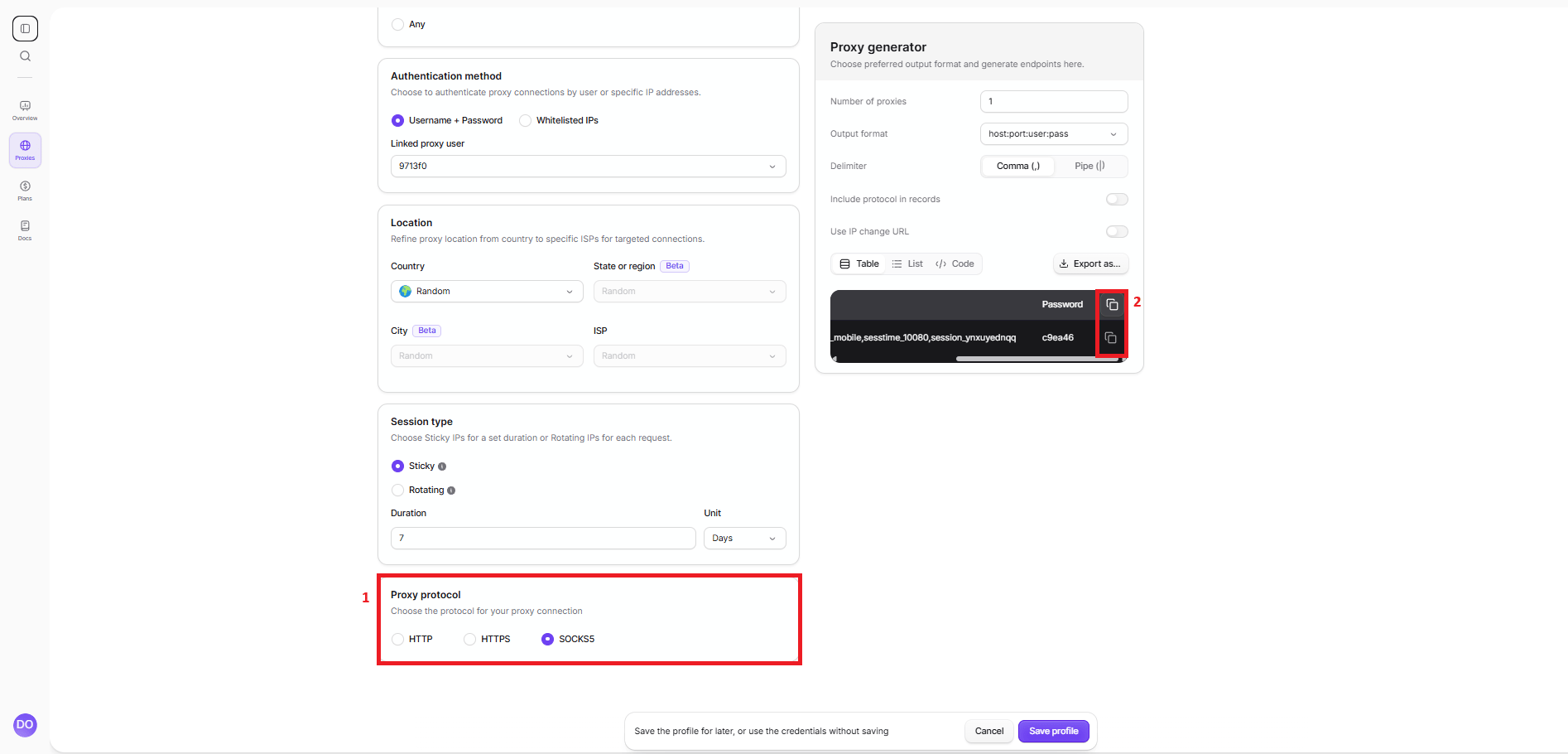 Add proxy profile in anyIP dashboard