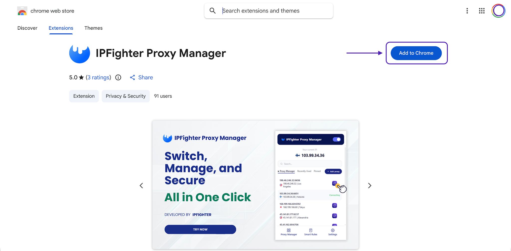 IPFighter Proxy Manager in the Chrome Web Store