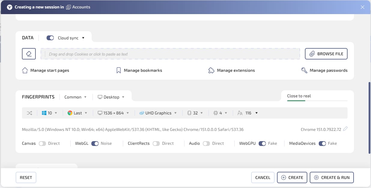 Fingerprint settings for a Linken Sphere session