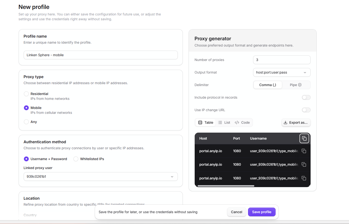 Multiple Linken Sphere proxies generated in the anyIP dashboard