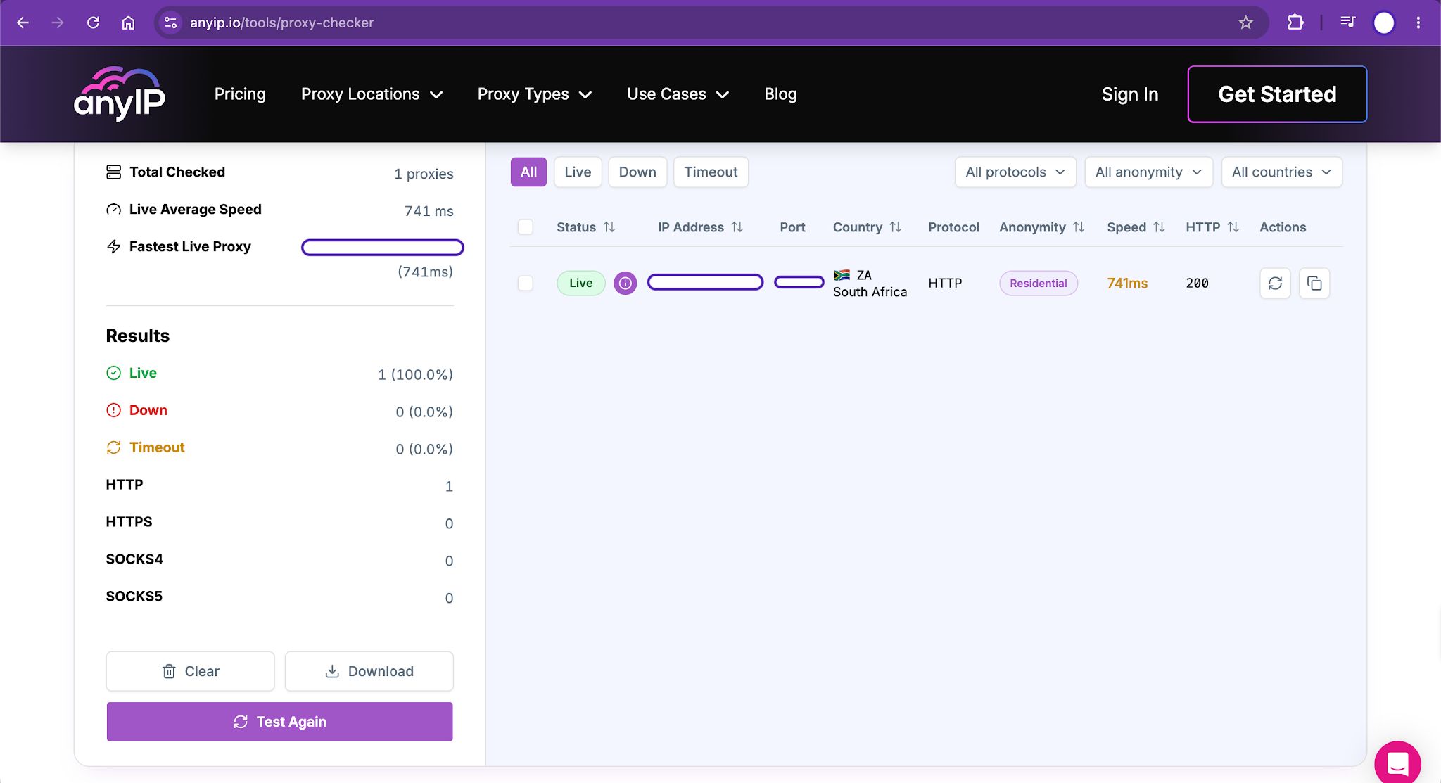 Testing an anyIP proxy in Proxy Checker