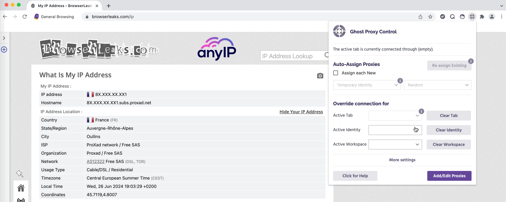 This GIF shows how to switch proxies on the Ghost Proxy Control extension on the Ghost Browser