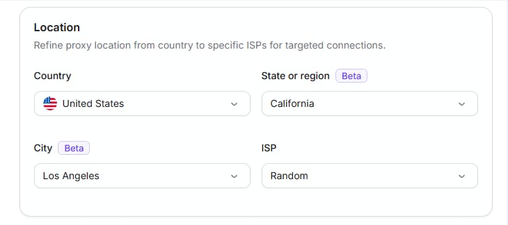 Country, region, city, and ISP proxy location settings in anyIP