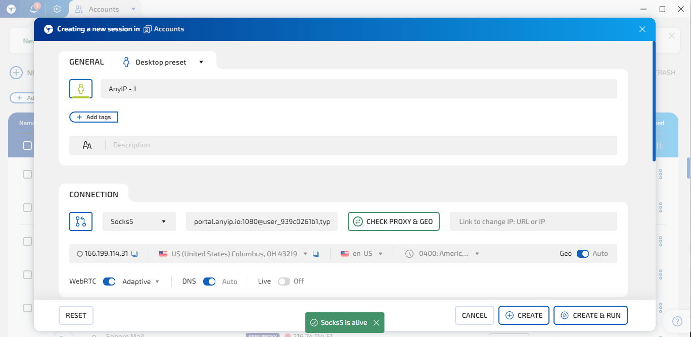 Proxy settings for a new Linken Sphere session