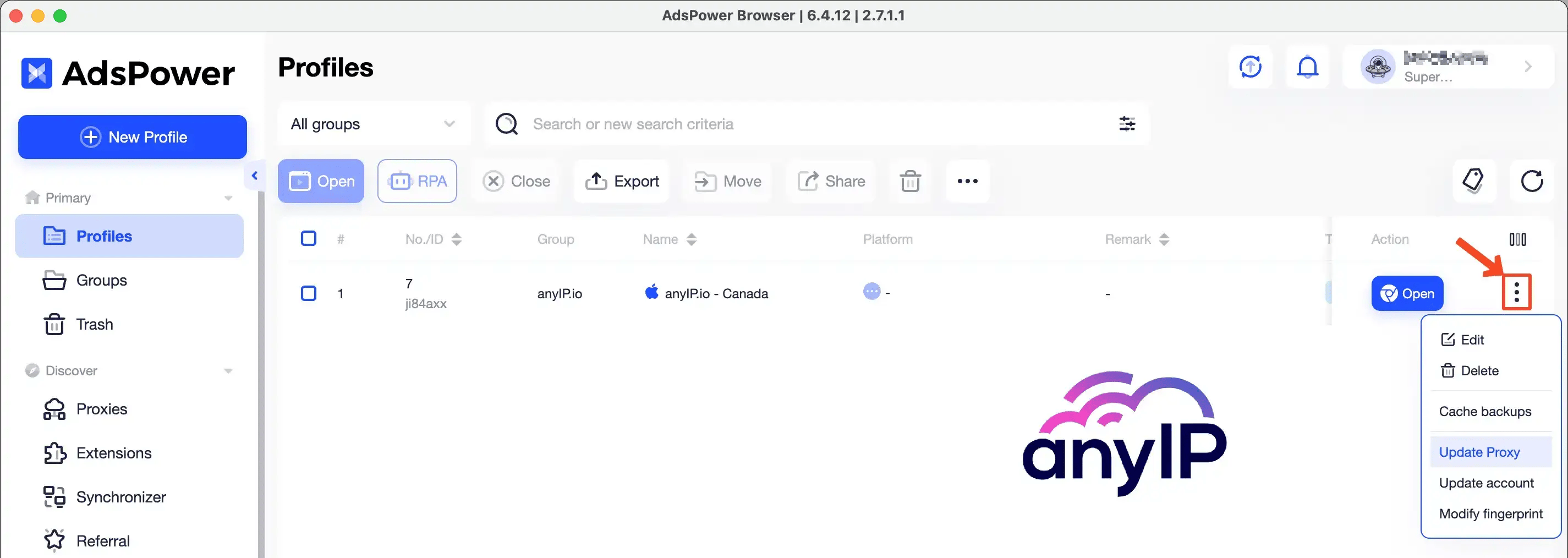 Contextual menu to get access to all profile option like edit or delete