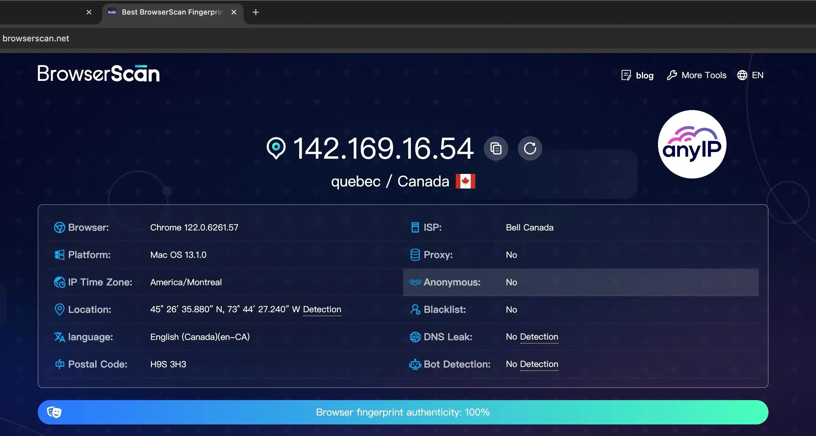 Result from Browserscan after a fingerprint authenticity check.