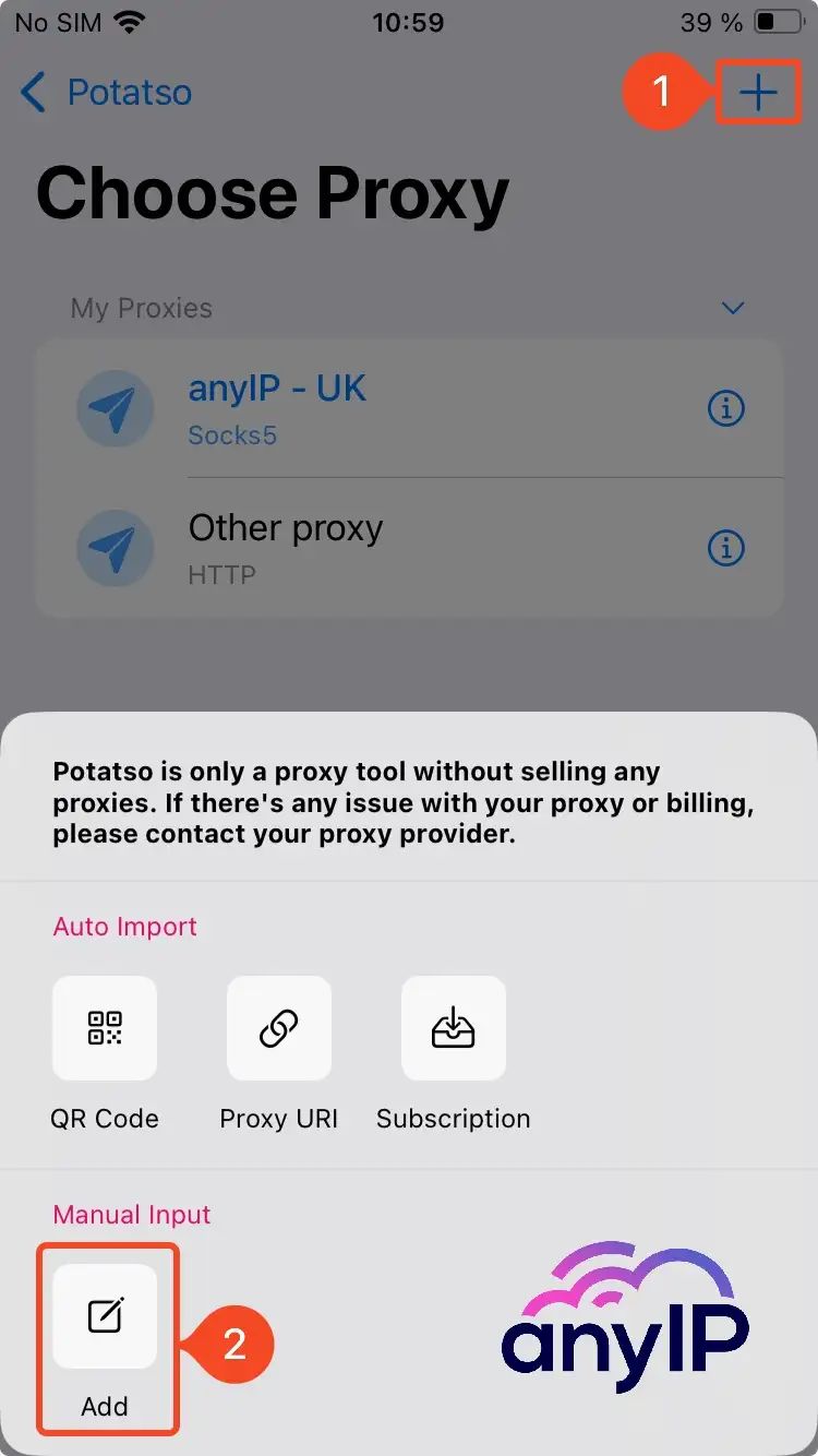 Procedure to add a new proxy on Potatso from the proxy list