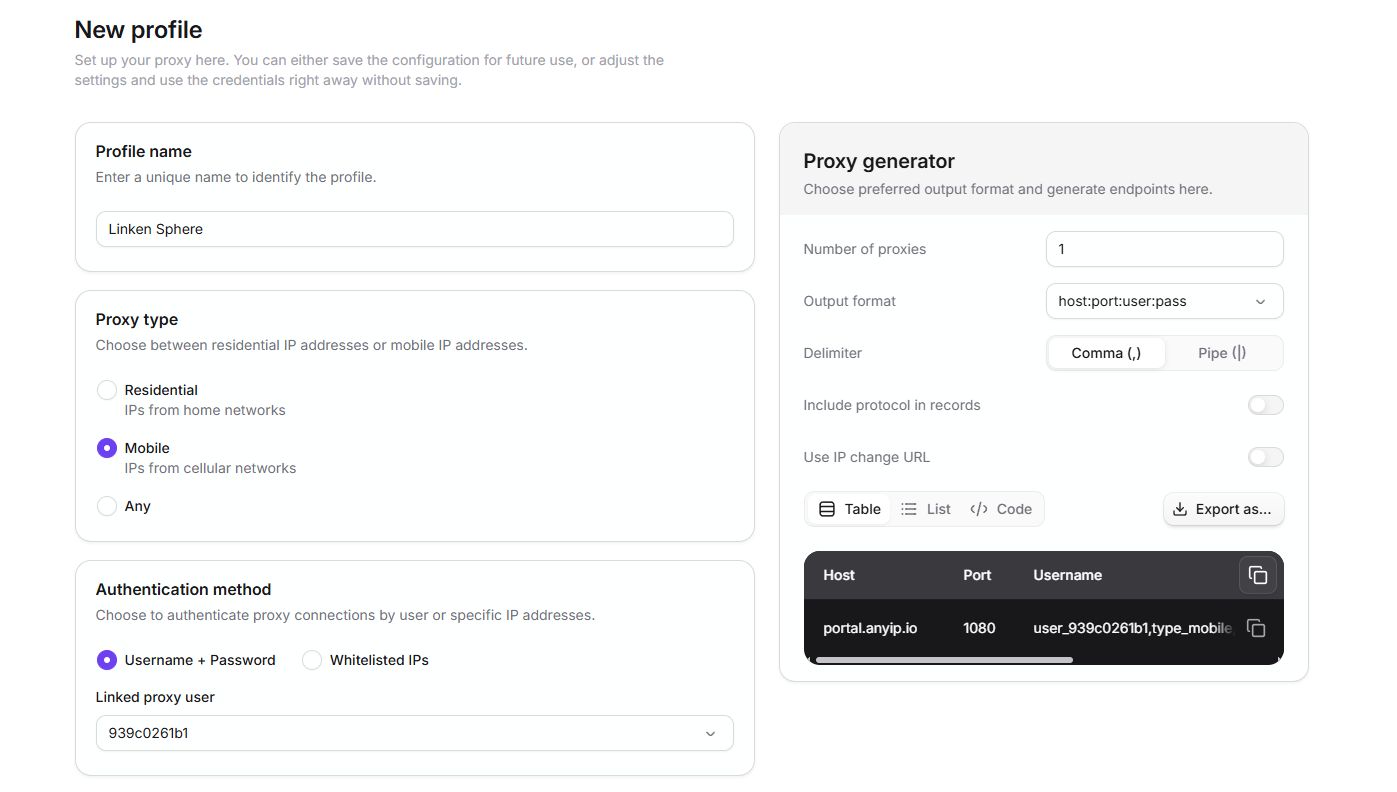 Linken Sphere proxy profile in the anyIP dashboard
