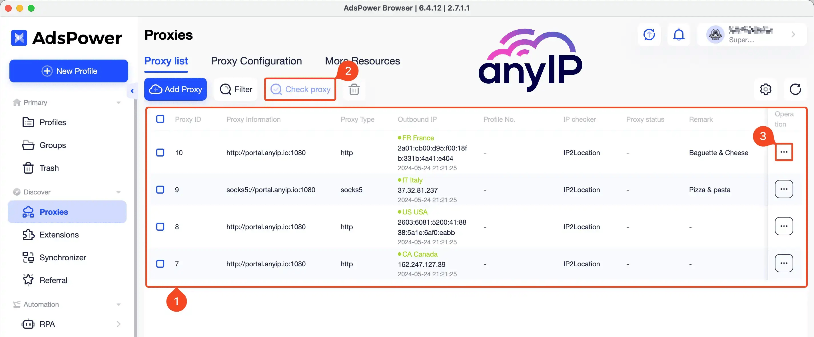 Procedure to check the proxy connection on the Adspower proxyâs list
