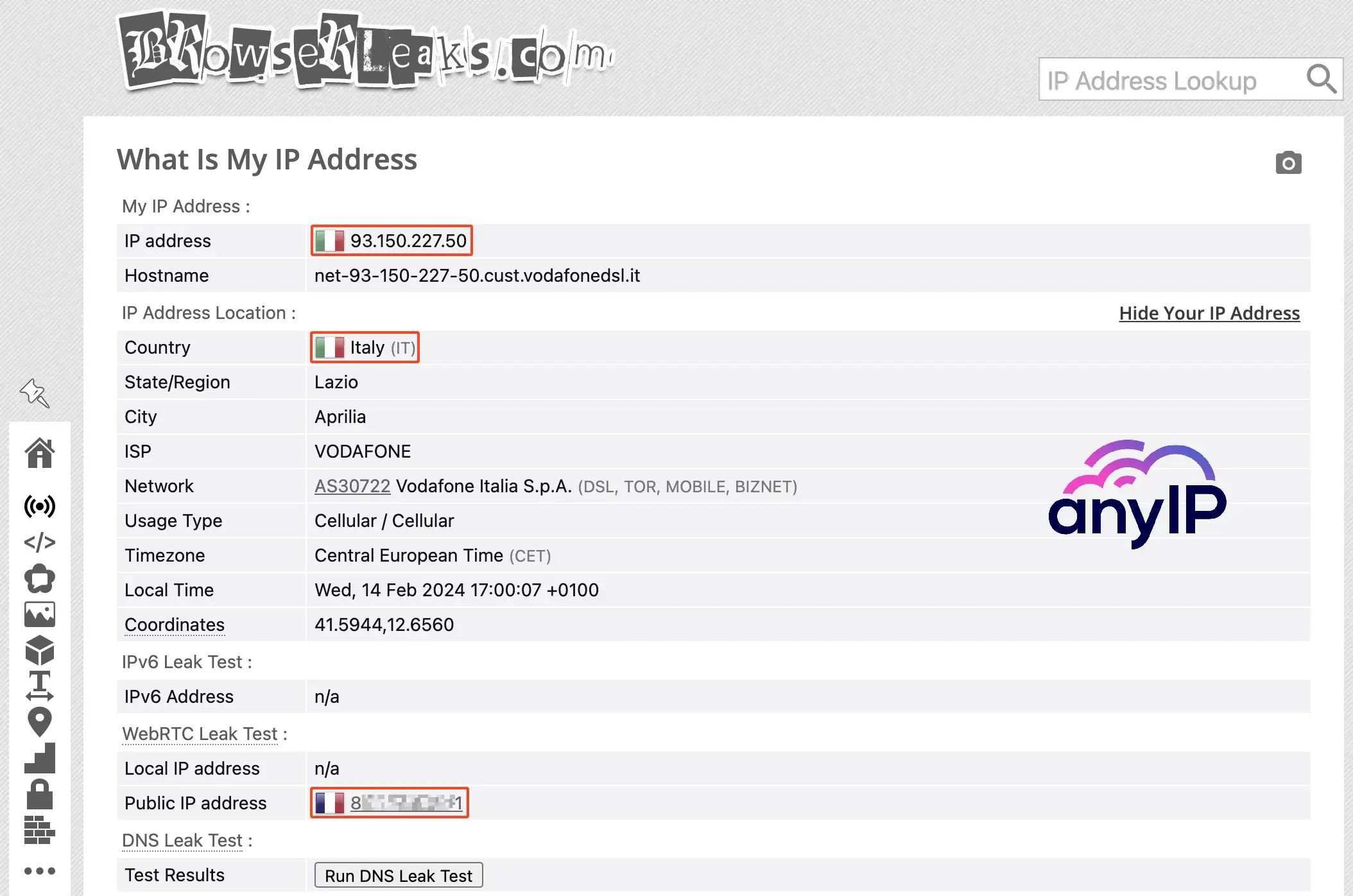 Browserleaks.com IP scan results using switchomega