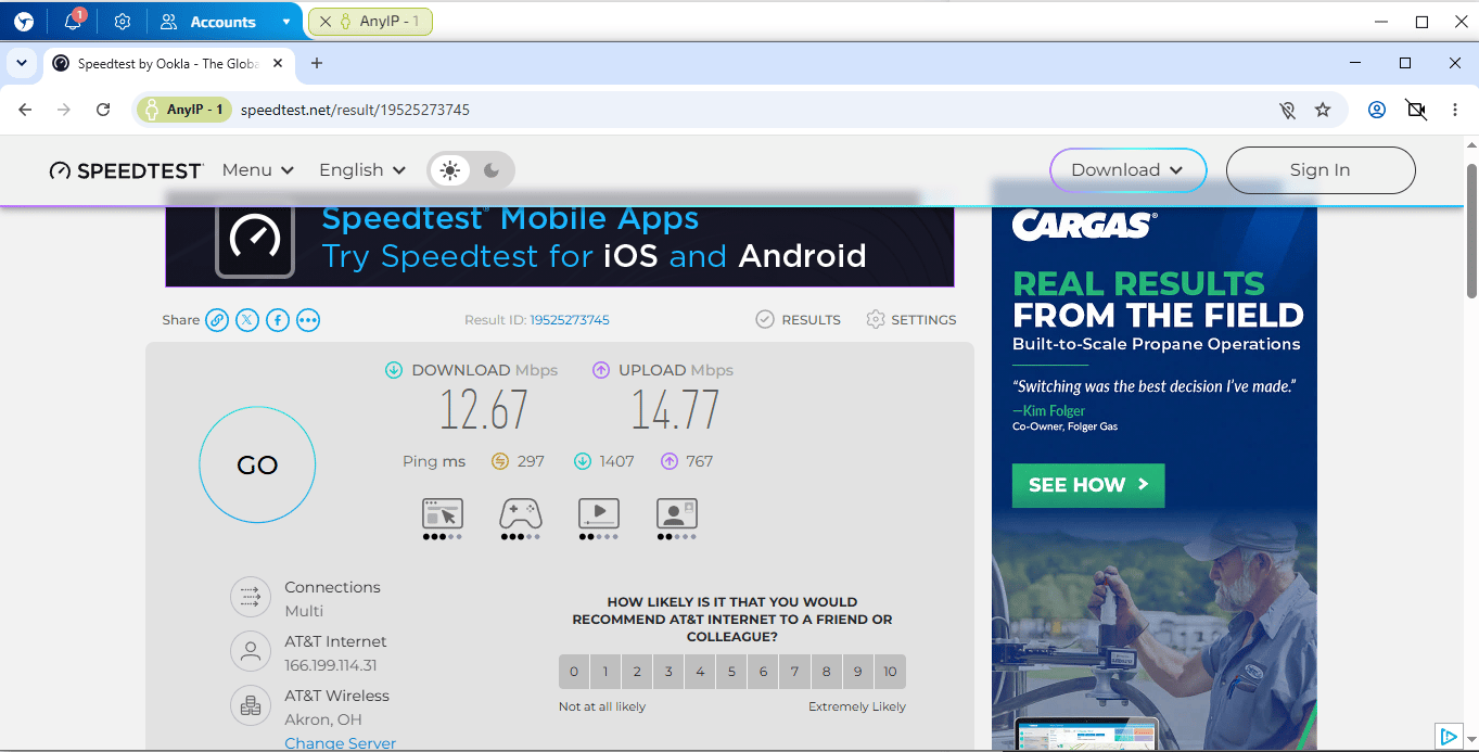 Testing an anyIP proxy connection in a Linken Sphere session