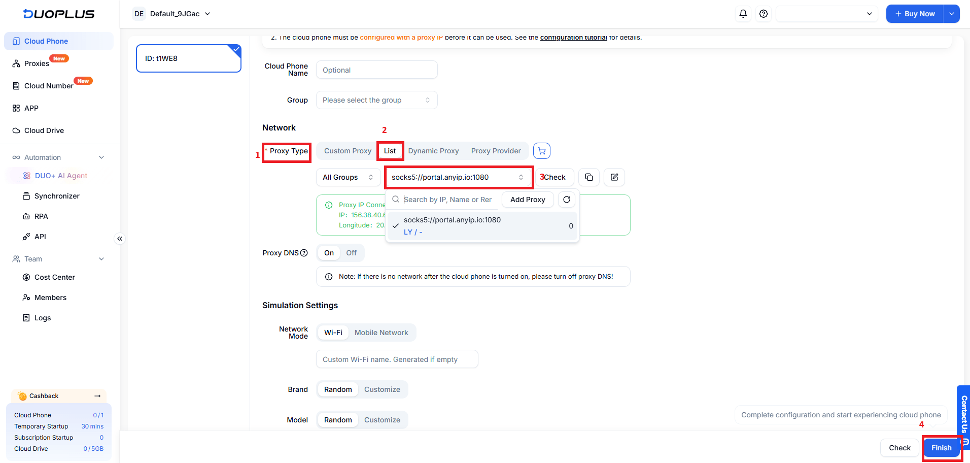 Initializing proxy user setup for cloud phone service