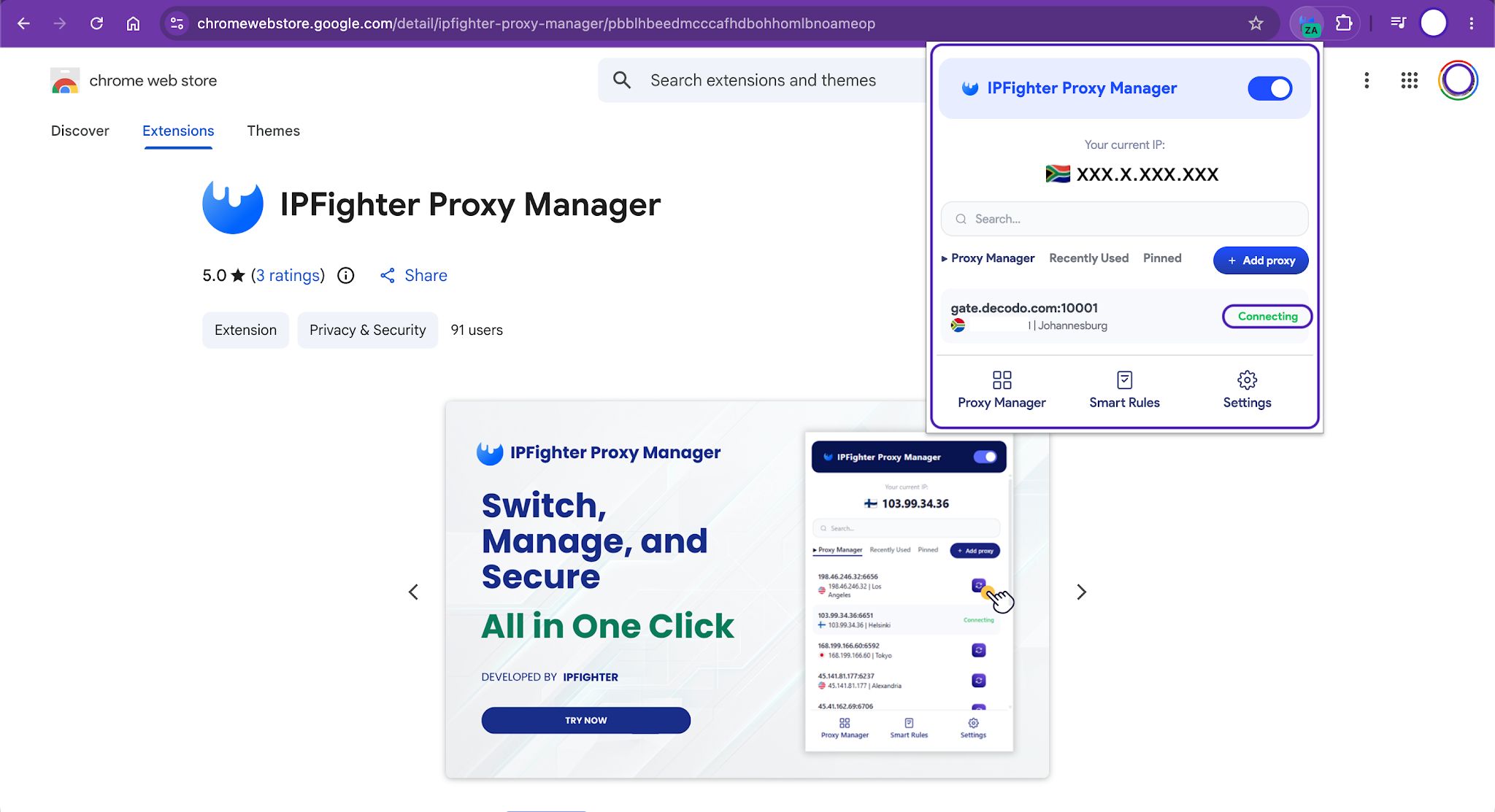 Enabled proxy in IPFighter Proxy Manager