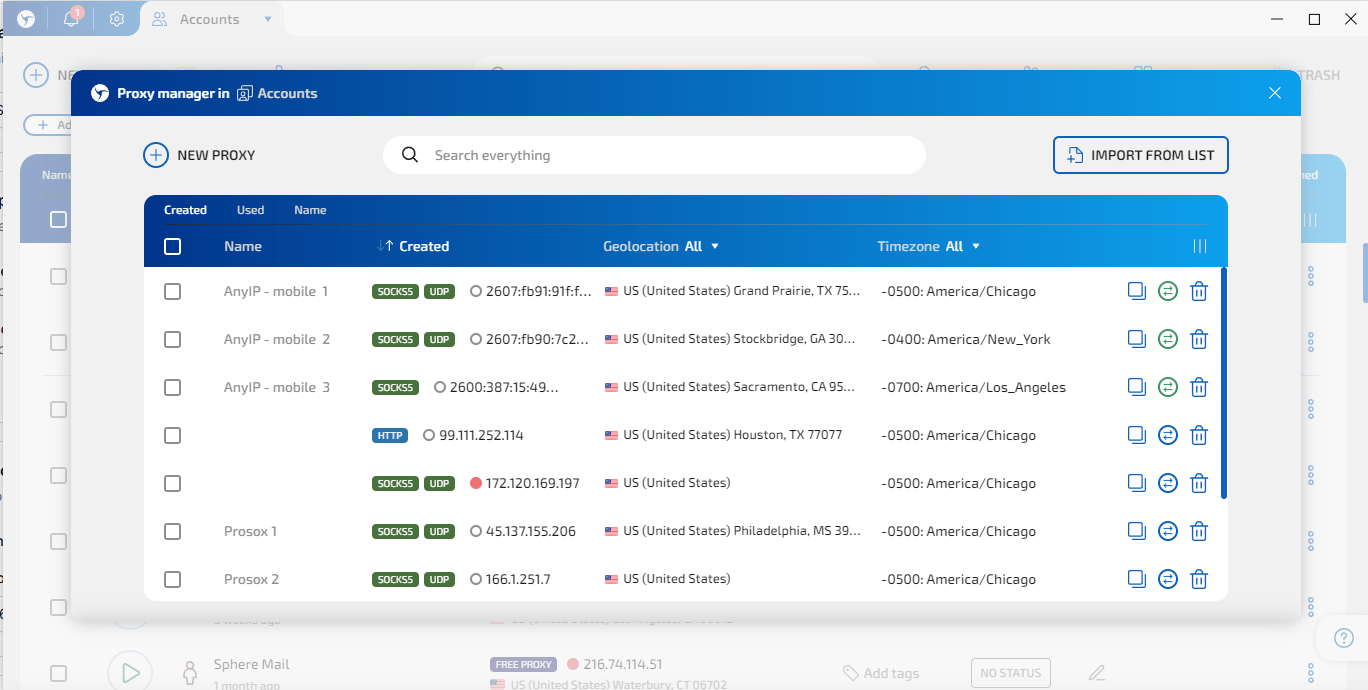 Linken Sphere Proxy Manager with imported anyIP proxies