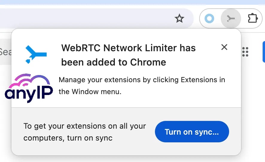 This screenshot shows a confirmation that WebRTC Network Limiter was added to Chrome.