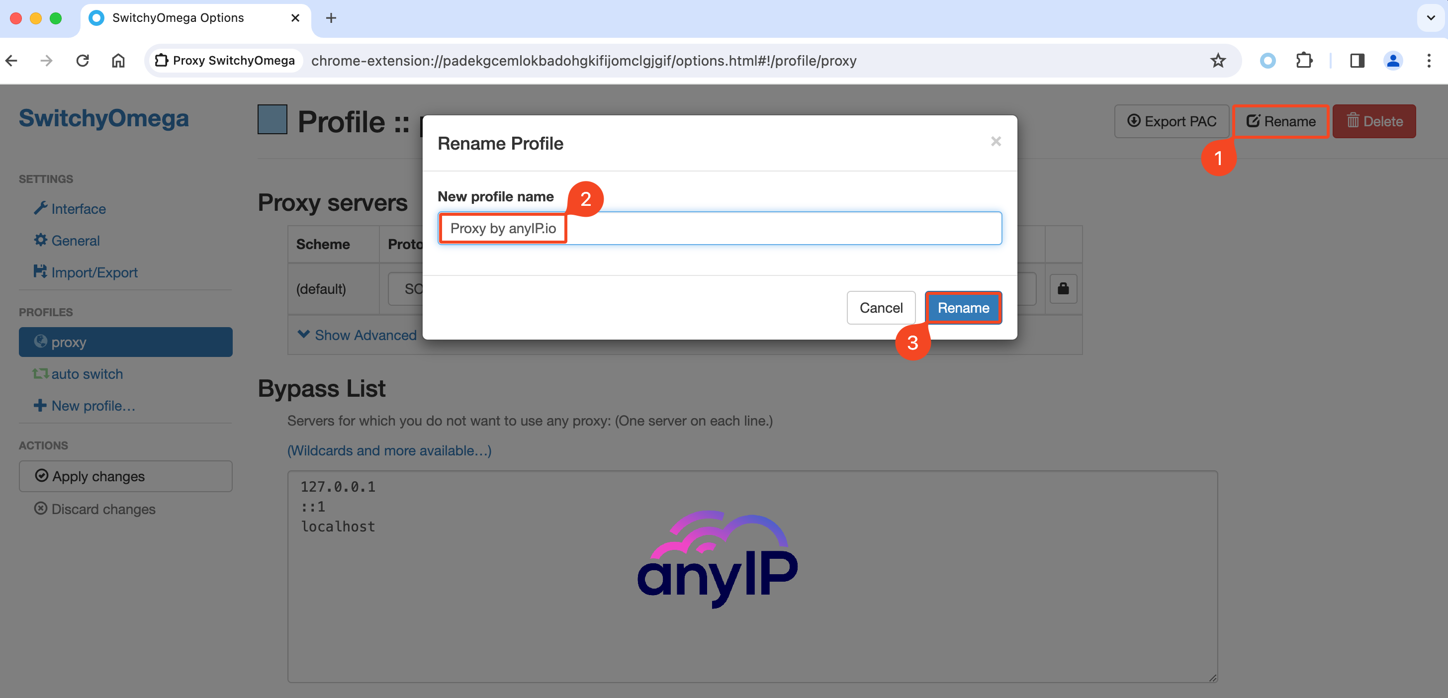 This screenshot shows how to rename a profile in Proxy SwitchyOmega on Chrome.