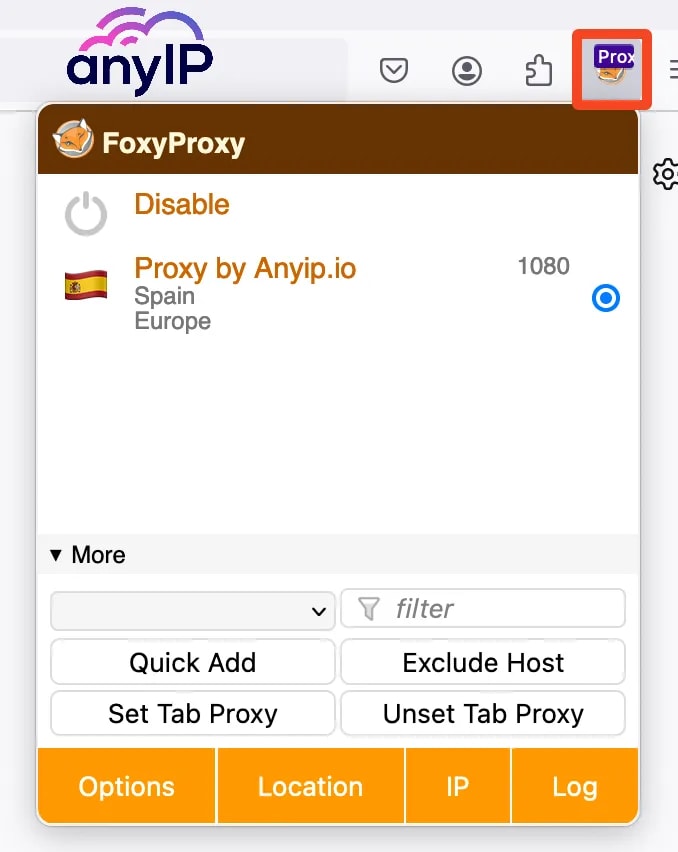 This screenshot shows that the proxy is connected using the FoxyProxy extension.