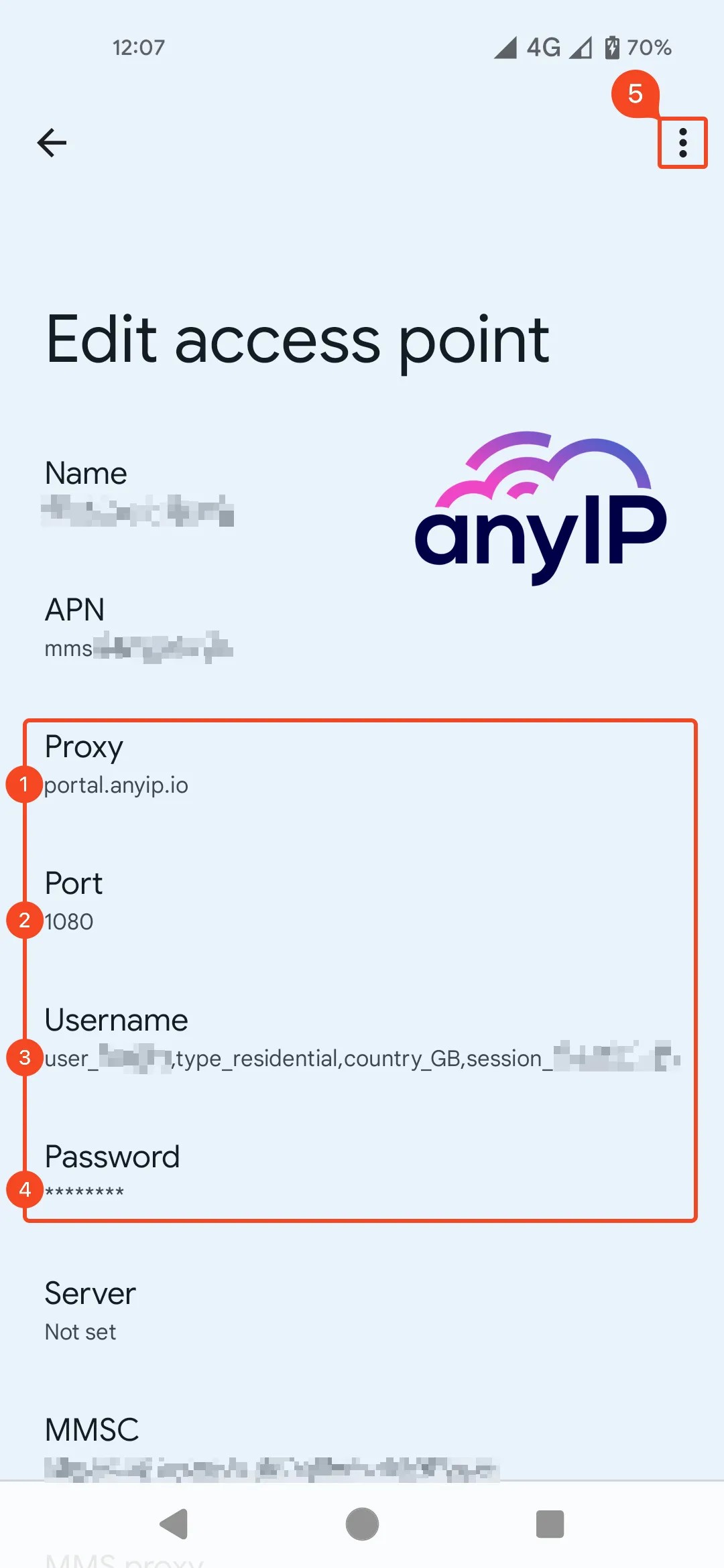 This screenshot shows how to add proxy credentials into APN settings on Android.