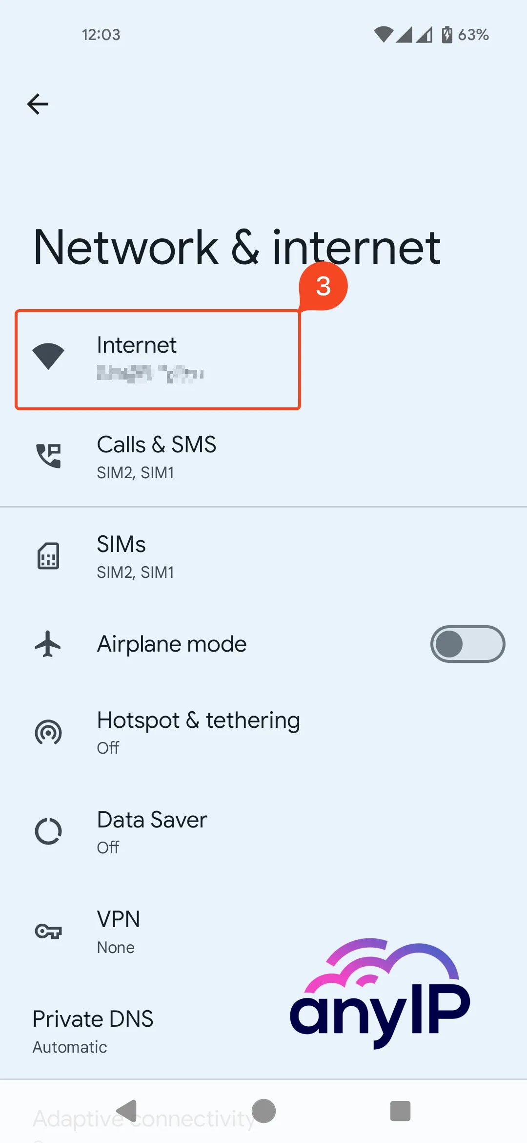 This screenshot shows how to access Android Internet parameters.