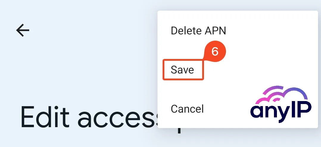 This screenshot shows how to save an APN profile on Android.