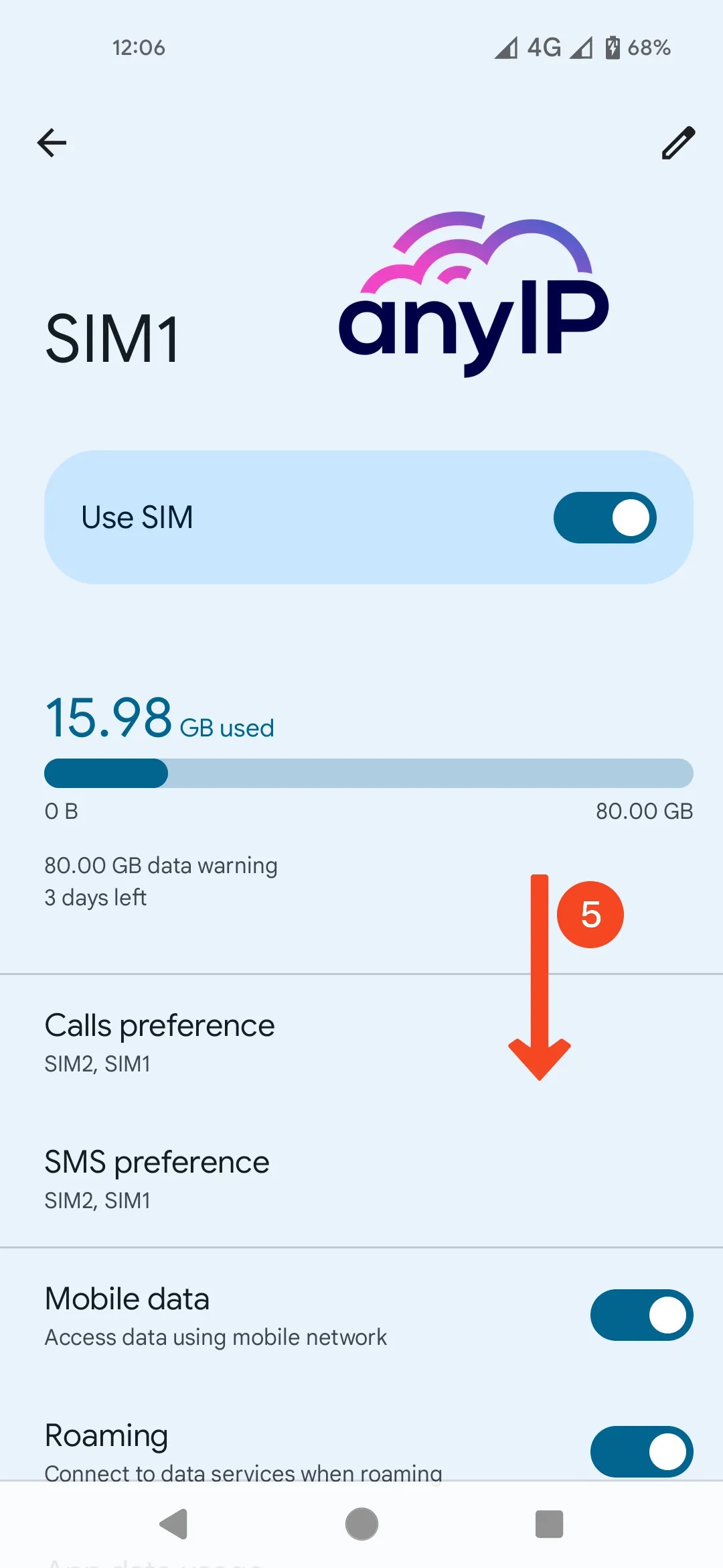 This screenshot shows Android SIM1 parameters.