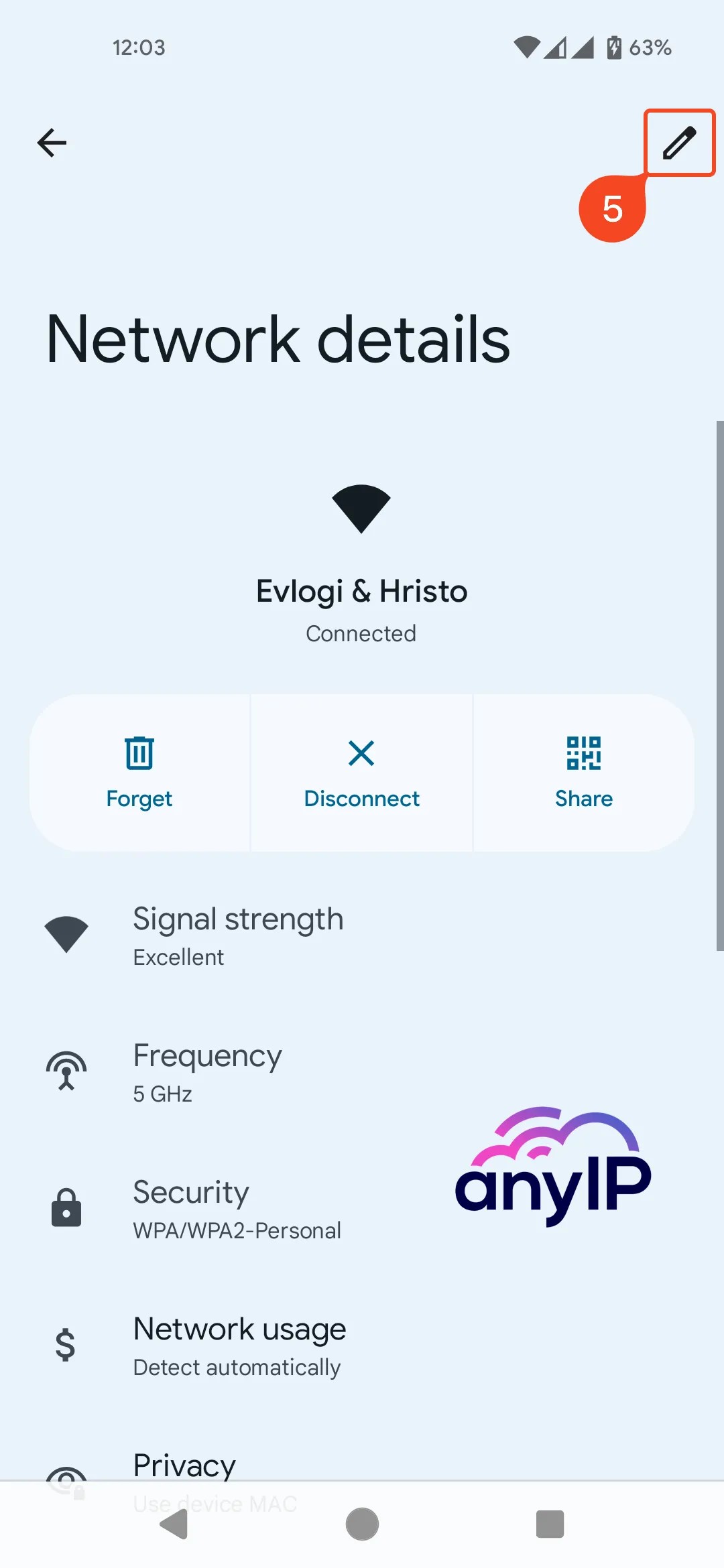 This screenshot shows how to edit a WiFi network setting.