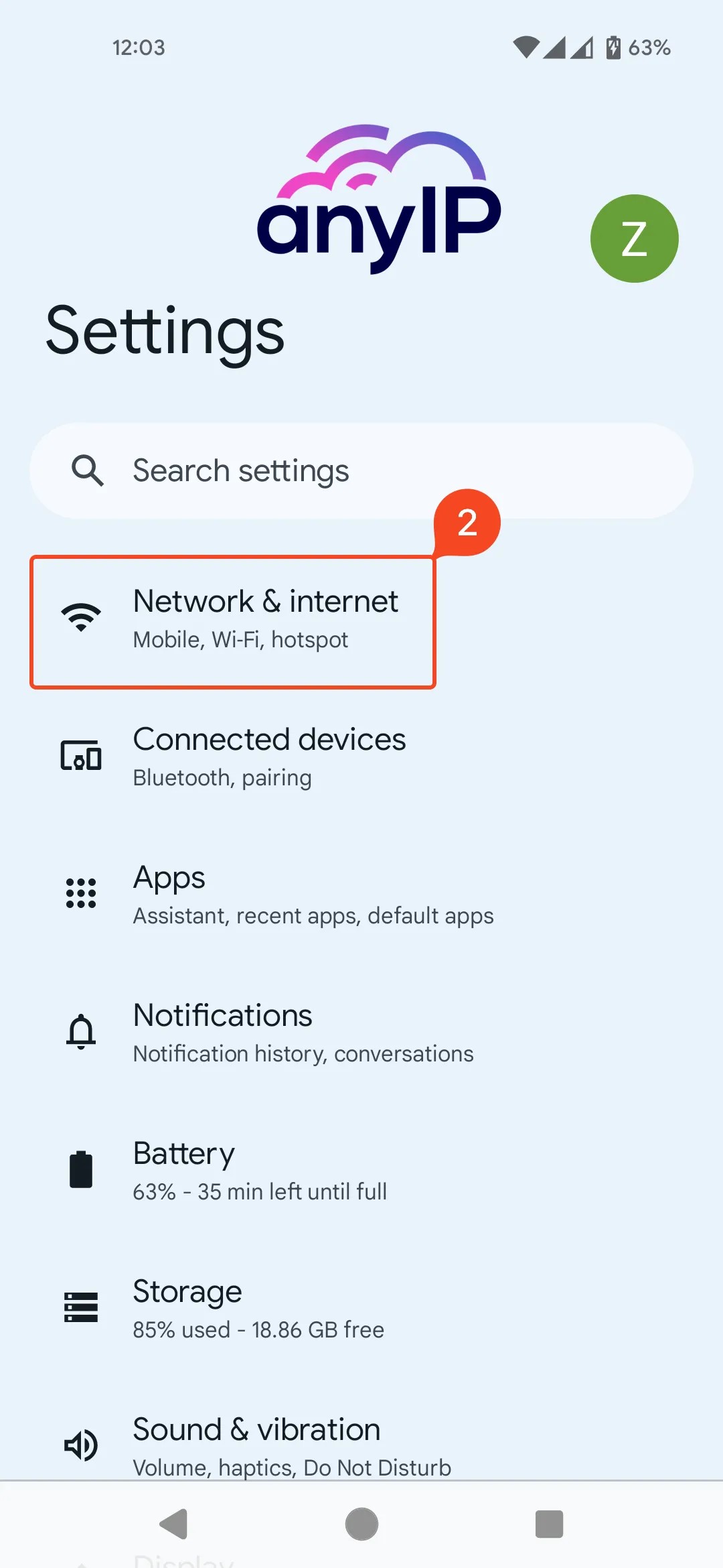 This screenshot shows how to access the Android Network & Internet parameters.