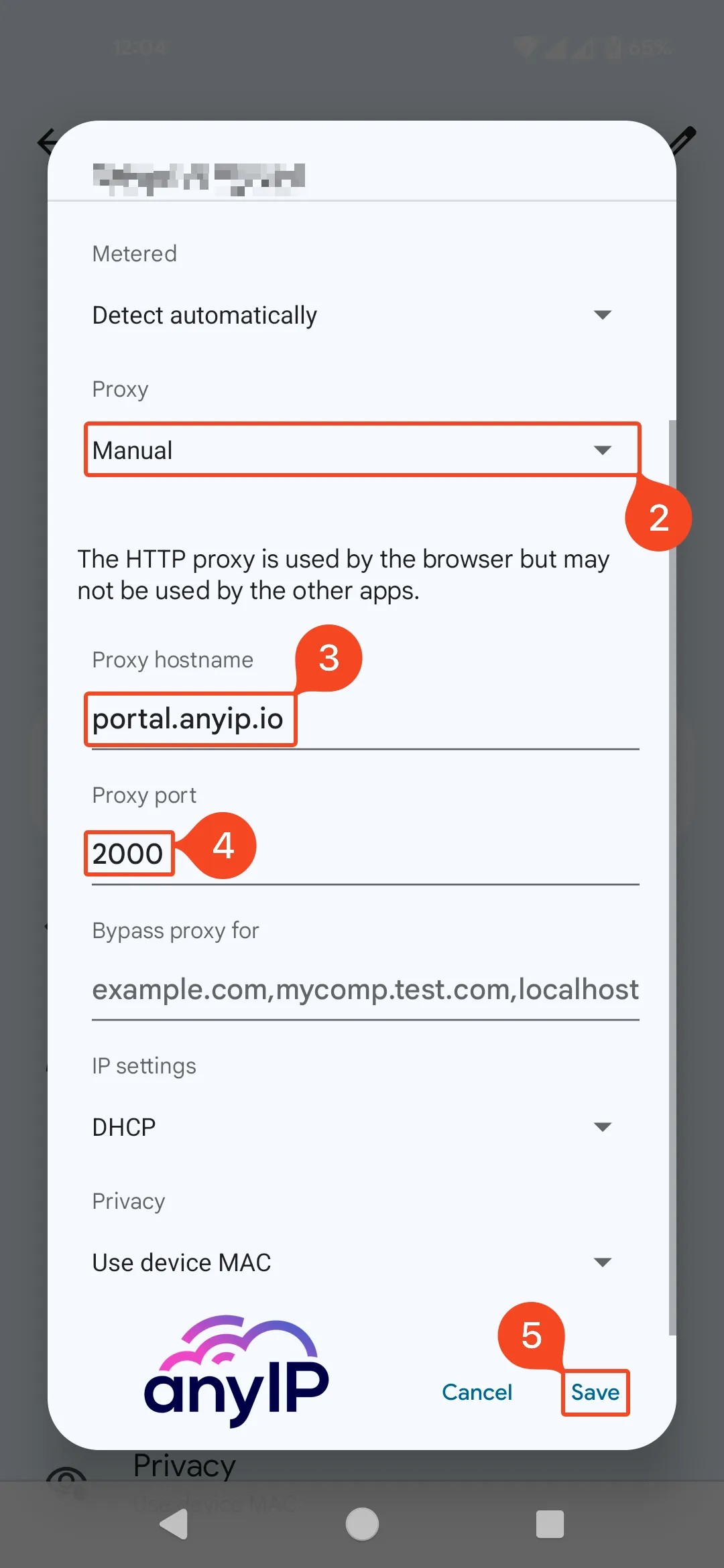 This screenshot shows how to configure a manual proxy on the WiFi network on Android.