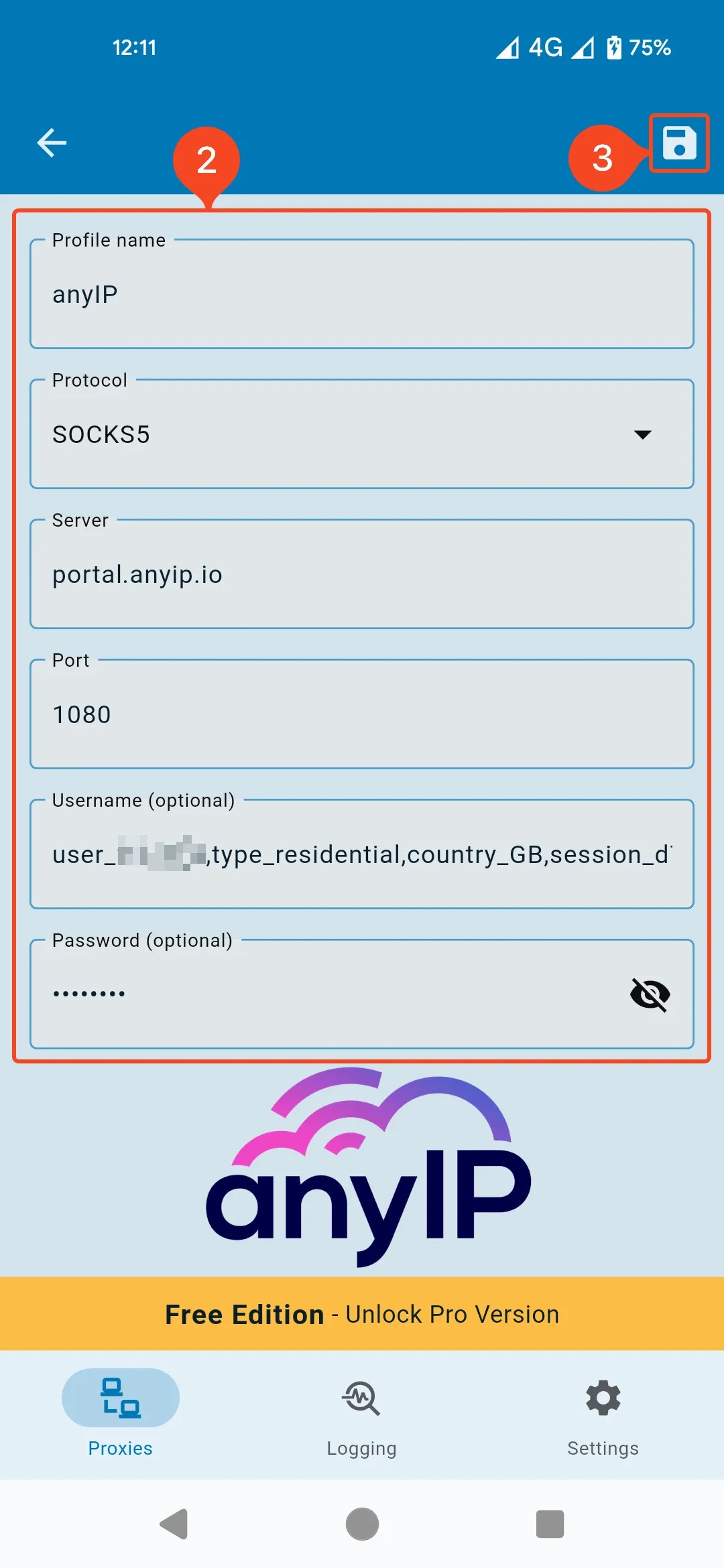 This screenshot shows how to configure a SOCKS5 proxy in Super Proxy.