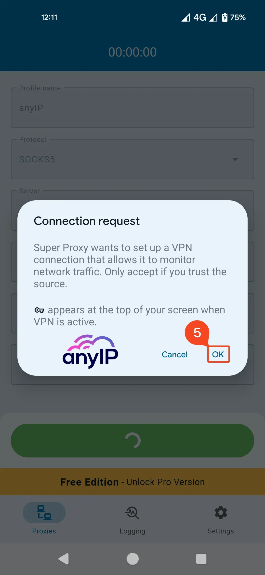 This screenshot shows the confirmation to set up a VPN/proxy connection on Android.