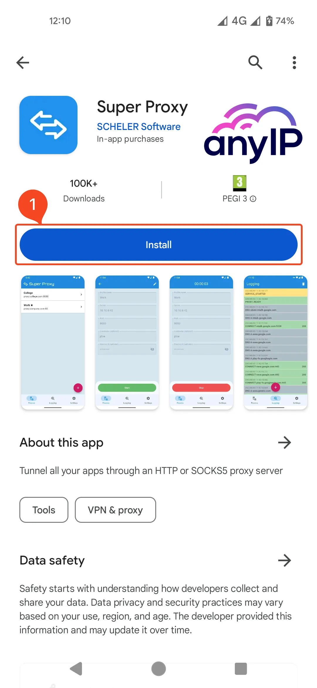 This screenshot shows how to install “Super Proxy” from the Play Store on Android.