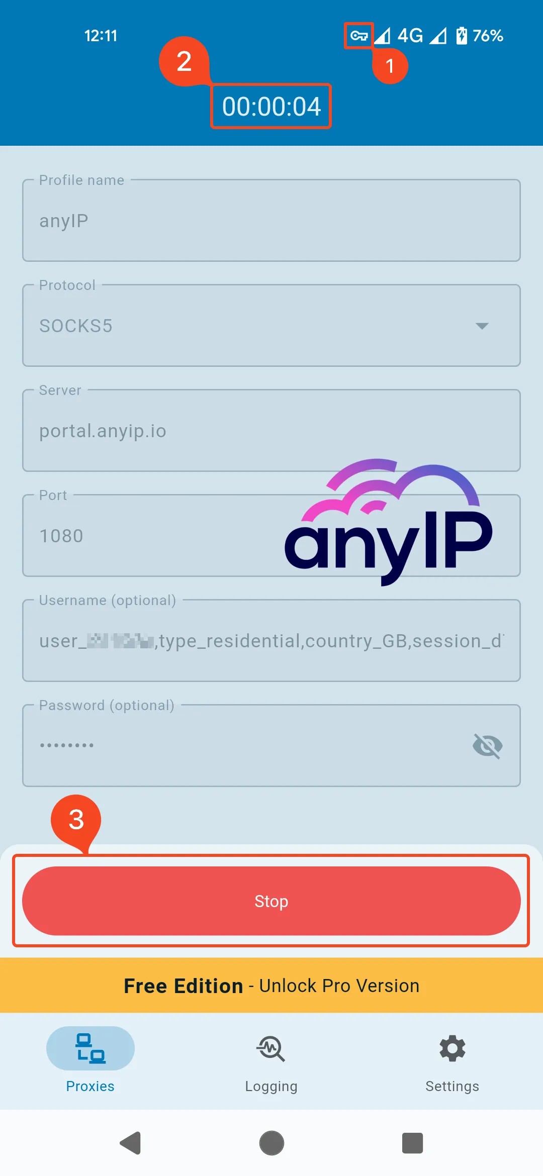 This screenshot shows what the “Super Proxy” app looks like while connected to a proxy.