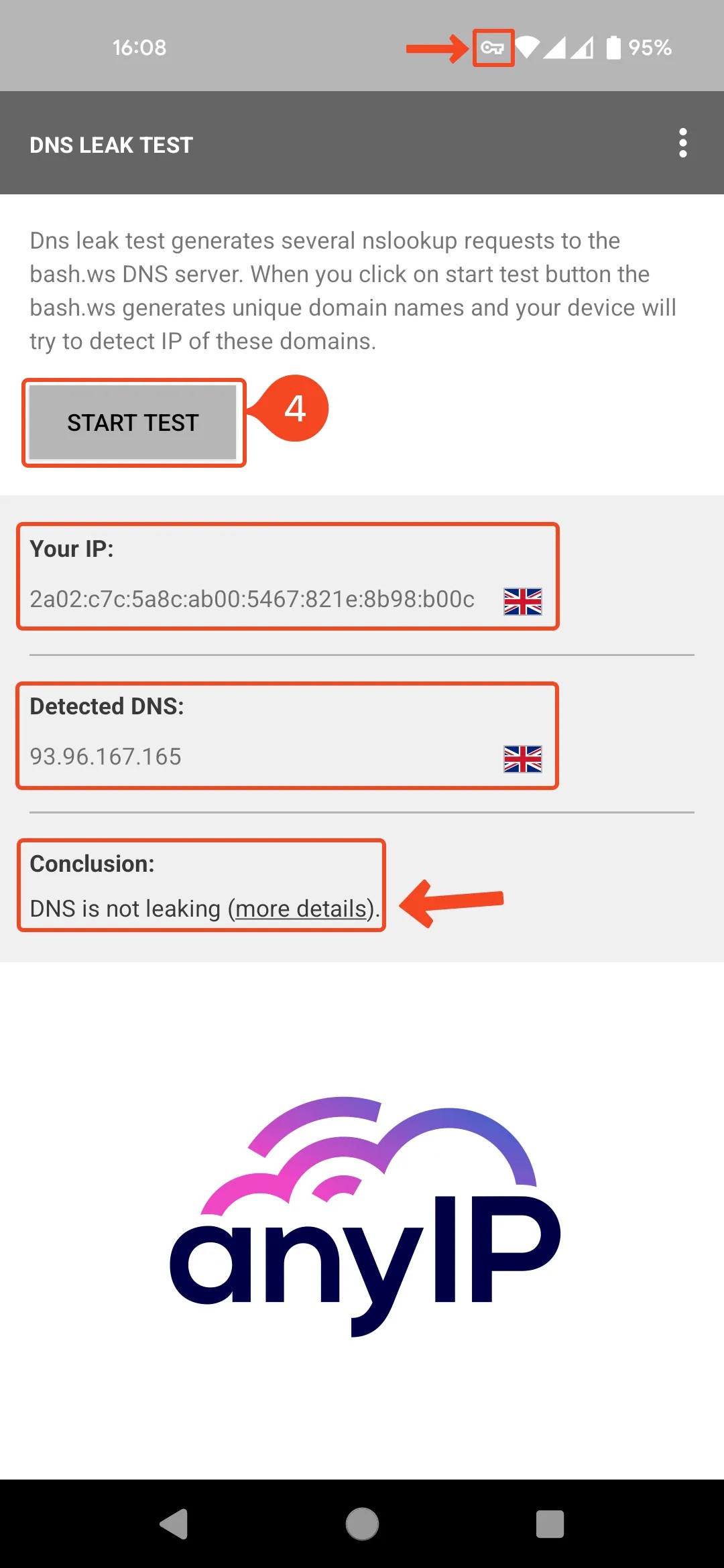 Screenshot of DNS Leak test app results