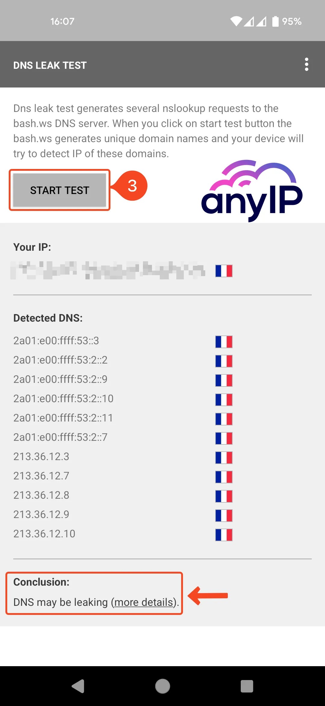 Screenshot of DNS Leak test app homepage