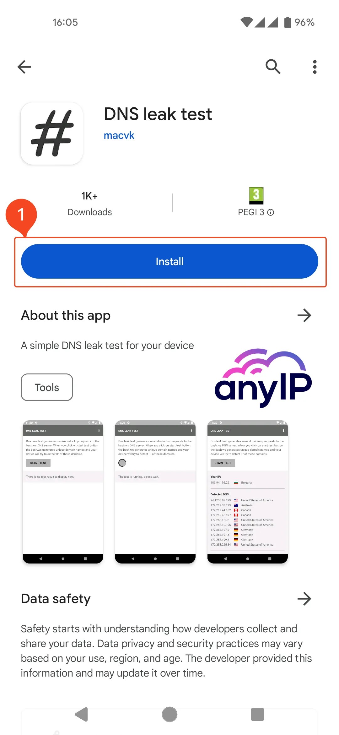 Screenshot of DNS Leak test app on the google playstore