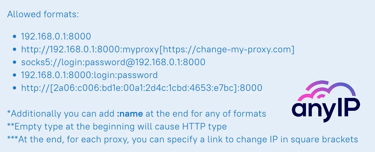 This screenshot shows the different proxy formats allowed by Dolphin Anty