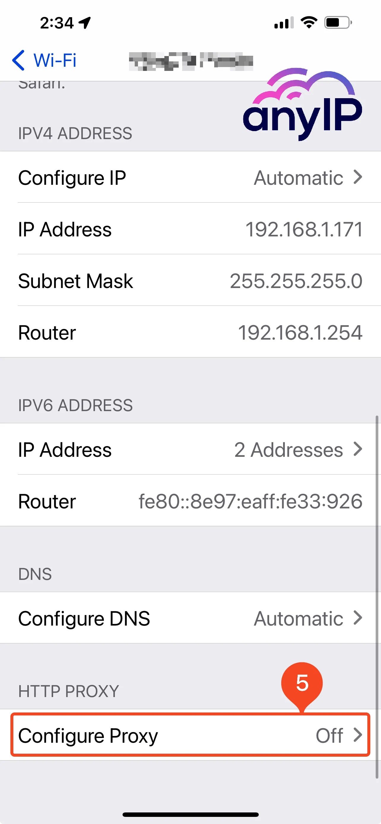 Screenshot showing how to access the proxy configuration on a wifi network on iPhone