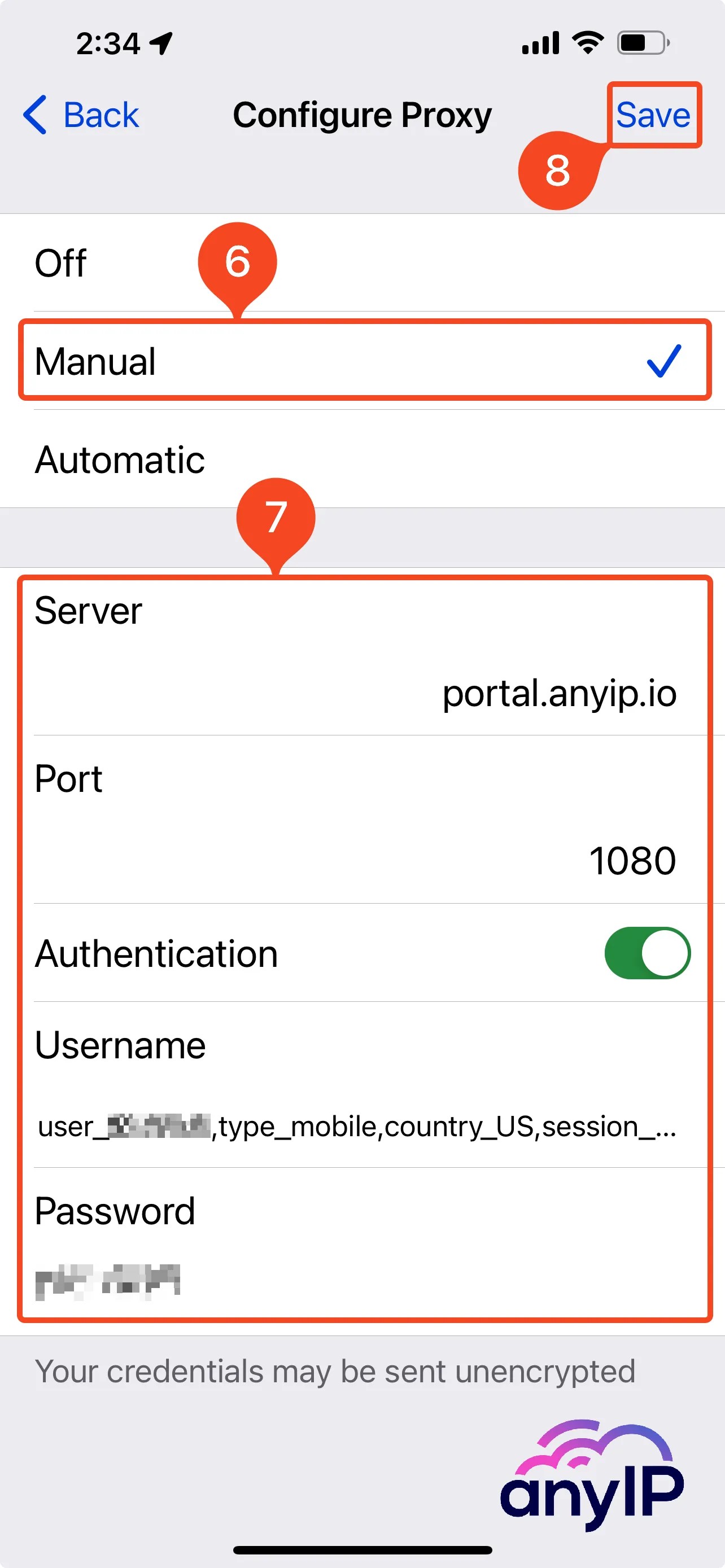 This screenshot shows how to configure a proxy on iOS (iPhone and iPad).