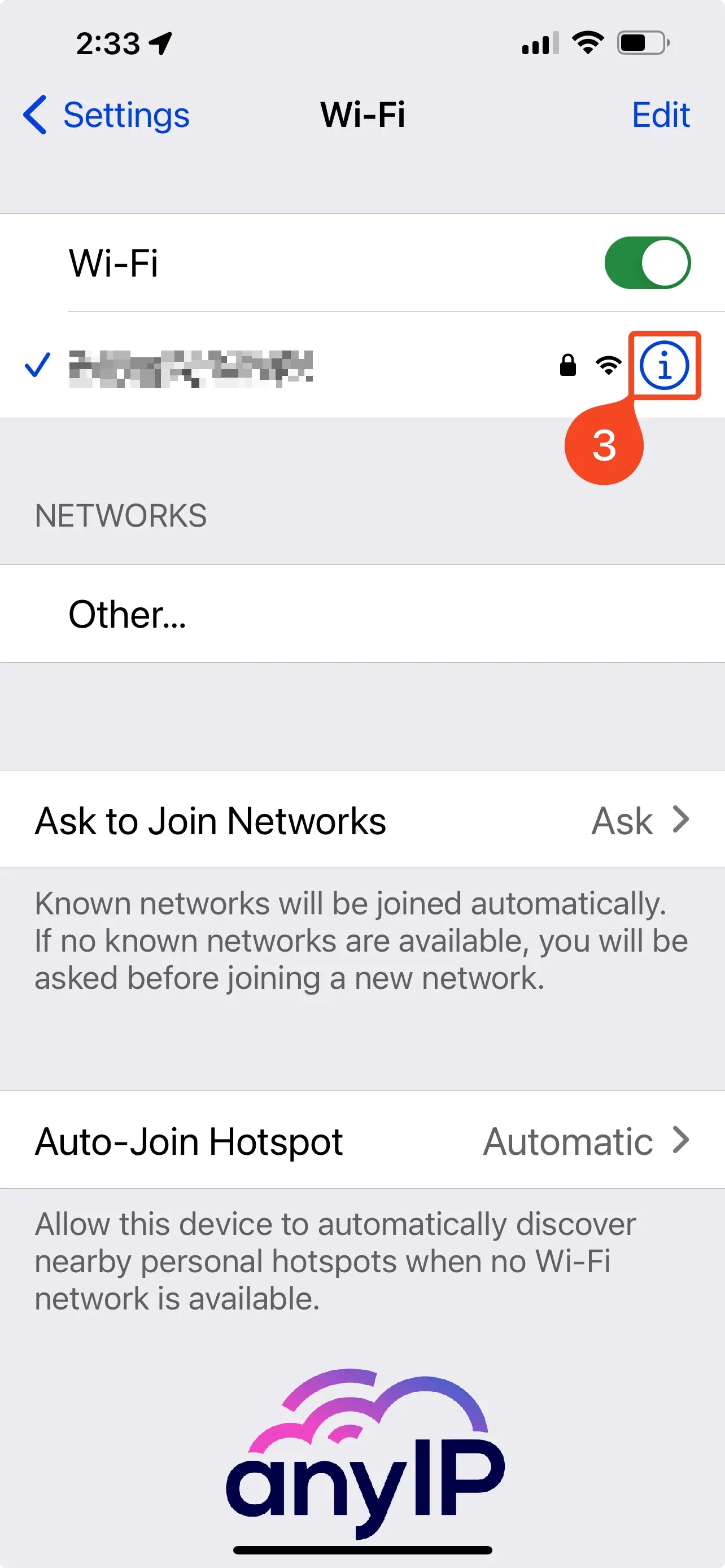 Screenshot showing how to access a wifi network advance settings on iPhone 