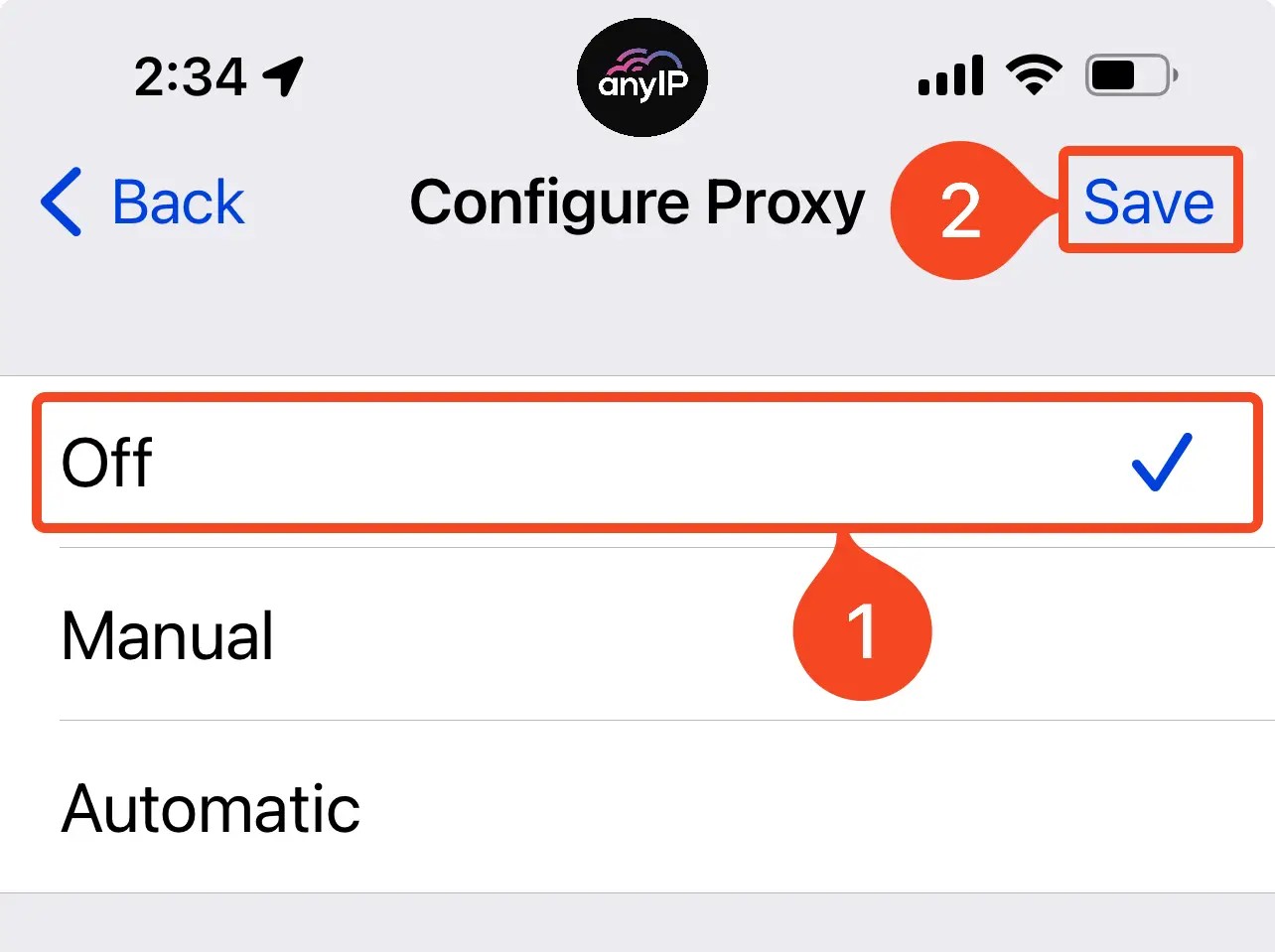 This screenshot shows how to turn off a proxy on iOS (iPhone and iPad).