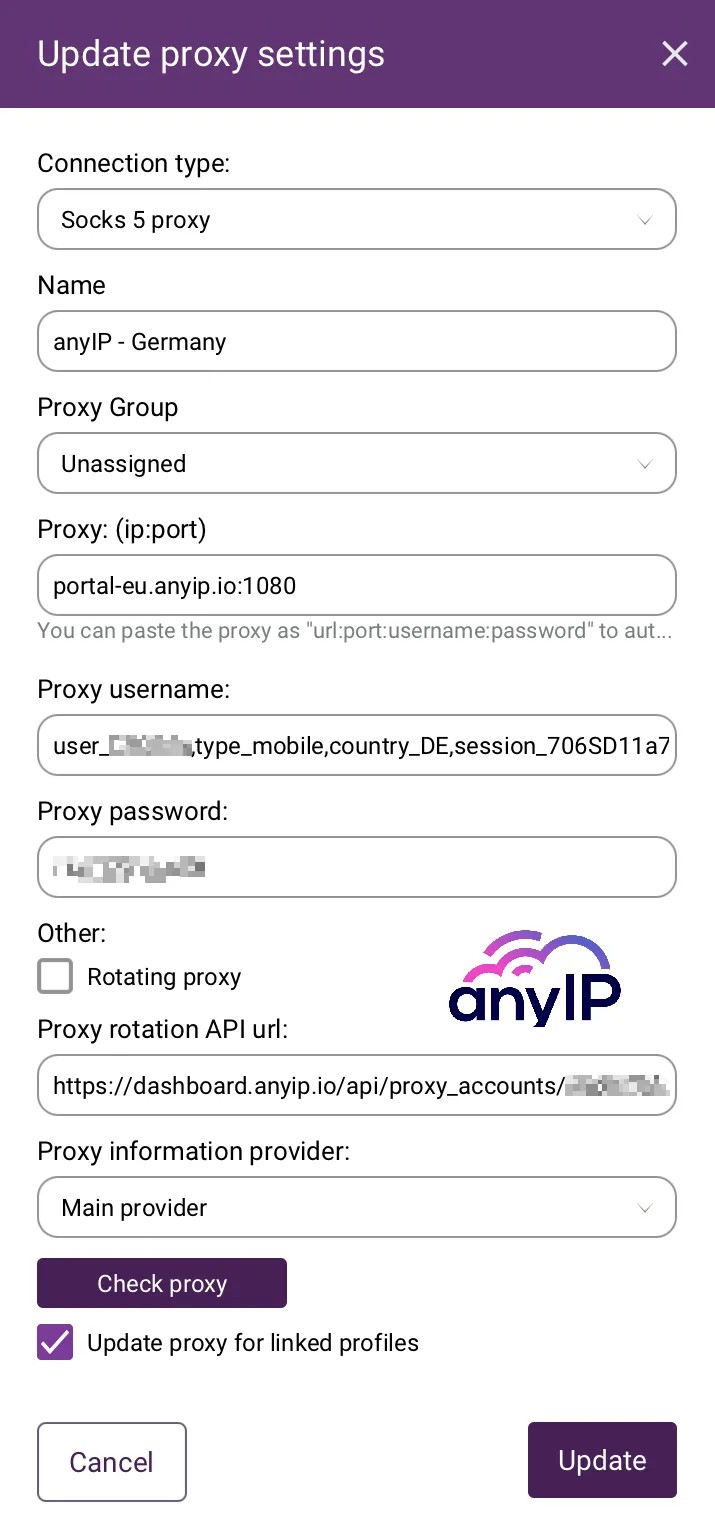 This screenshot shows how to edit a proxy on the incogniton app