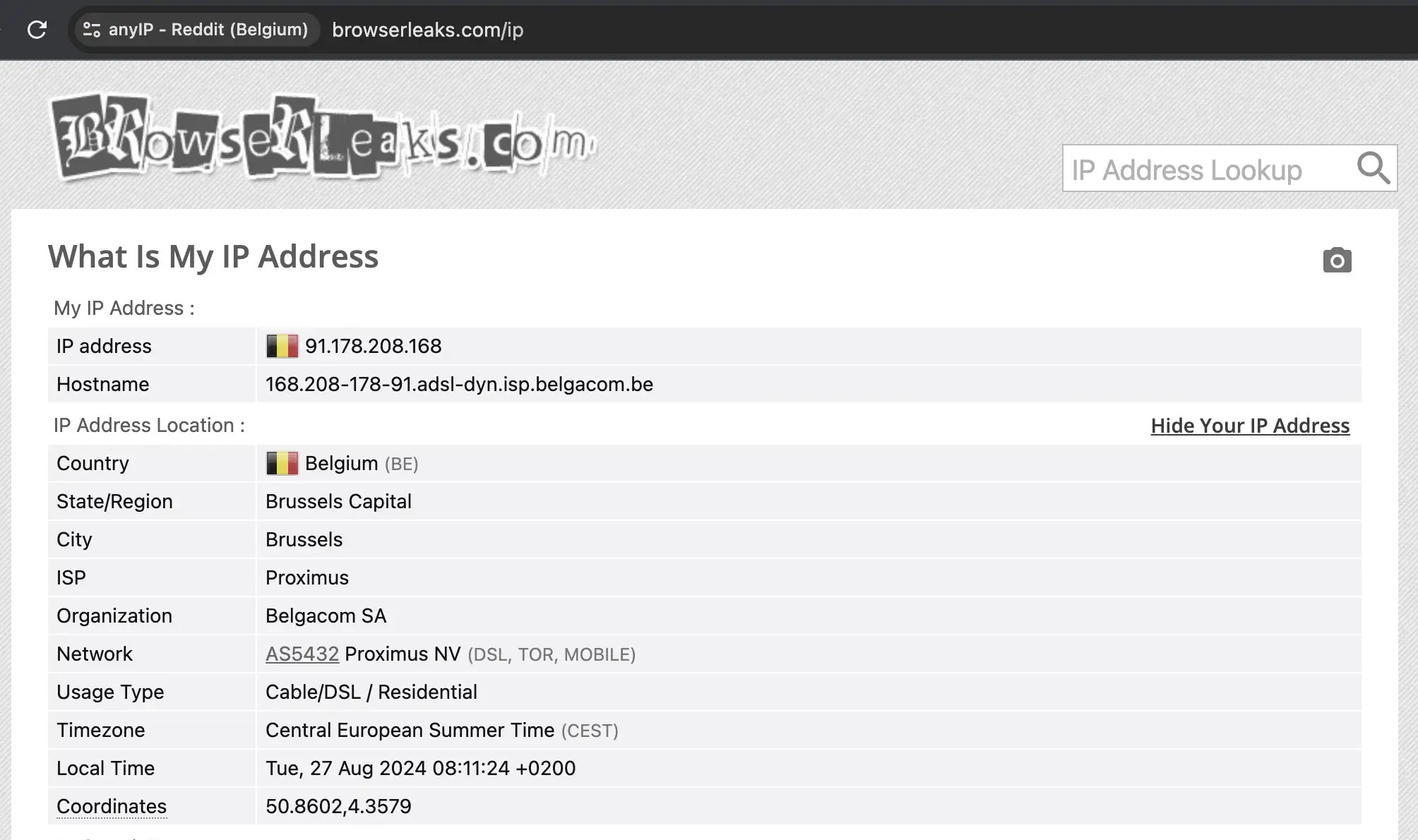 This screenshot of browserleaks.com/ip from a profile on Hidemyacc.