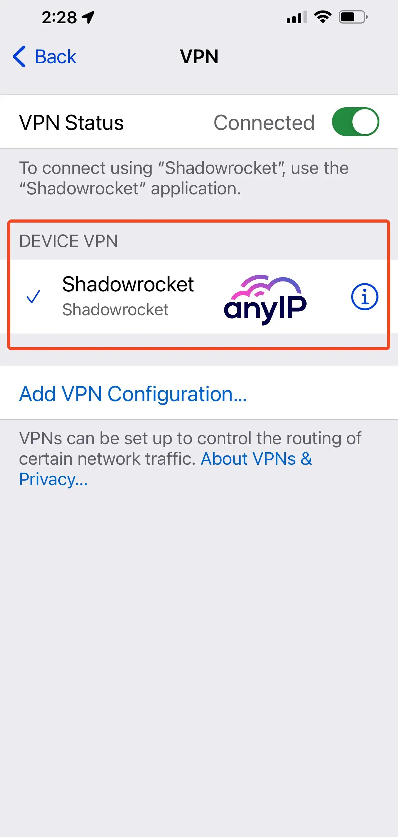 New VPN configuration set on a iphone