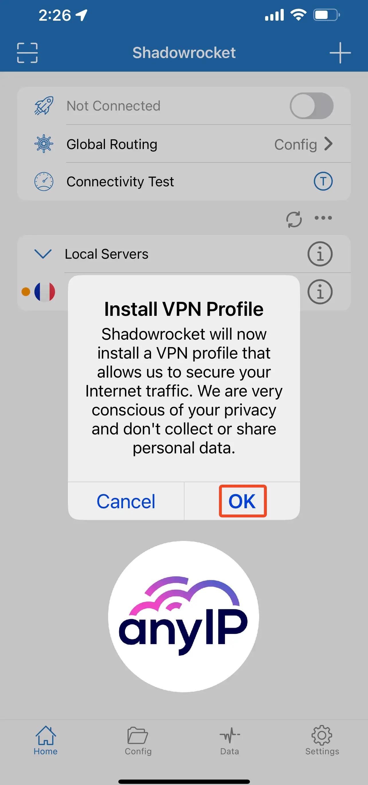 ios confirmation to install a new VPN profile on the phone configuration