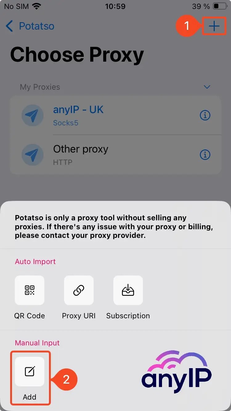 Procedure to add a new proxy on Potatso from the proxy list