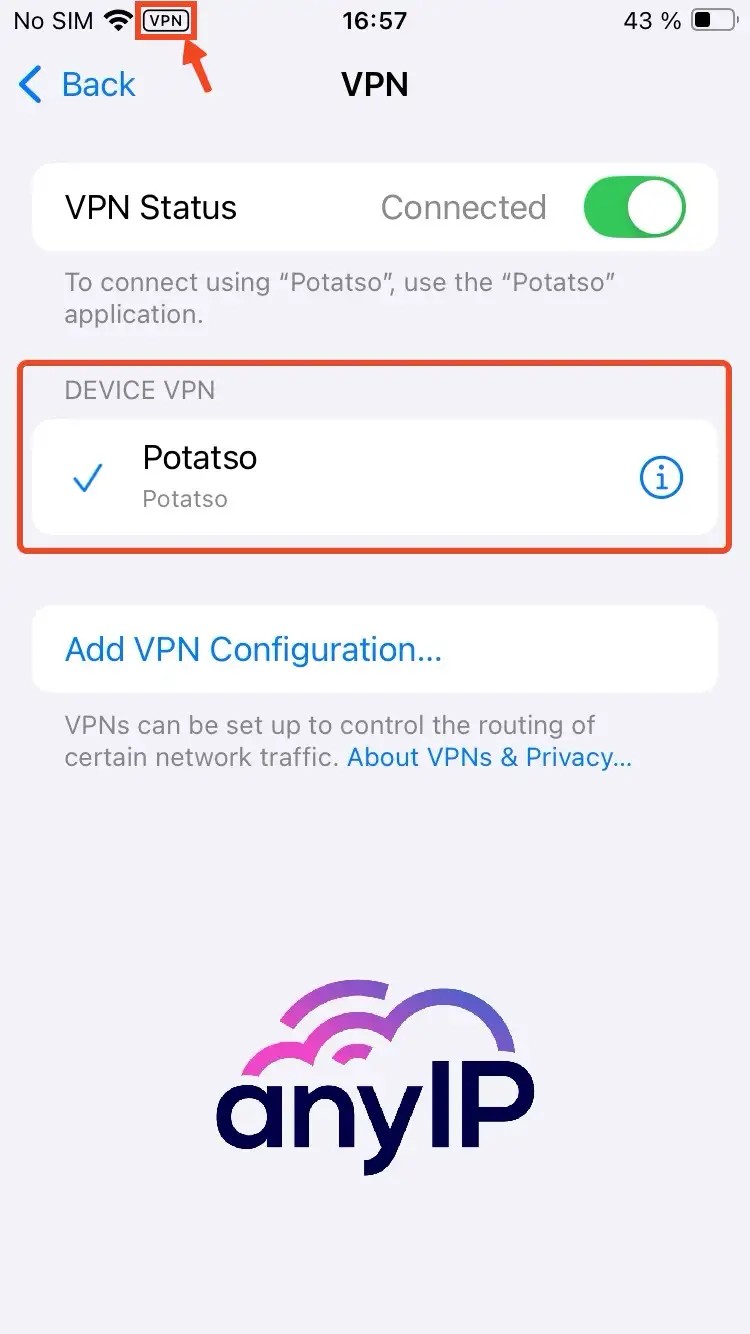 VPN configuration list on iOS with the Potatso app set up 