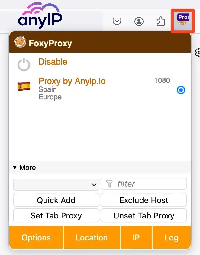 Badge indicating an active proxy connection in FoxyProxy