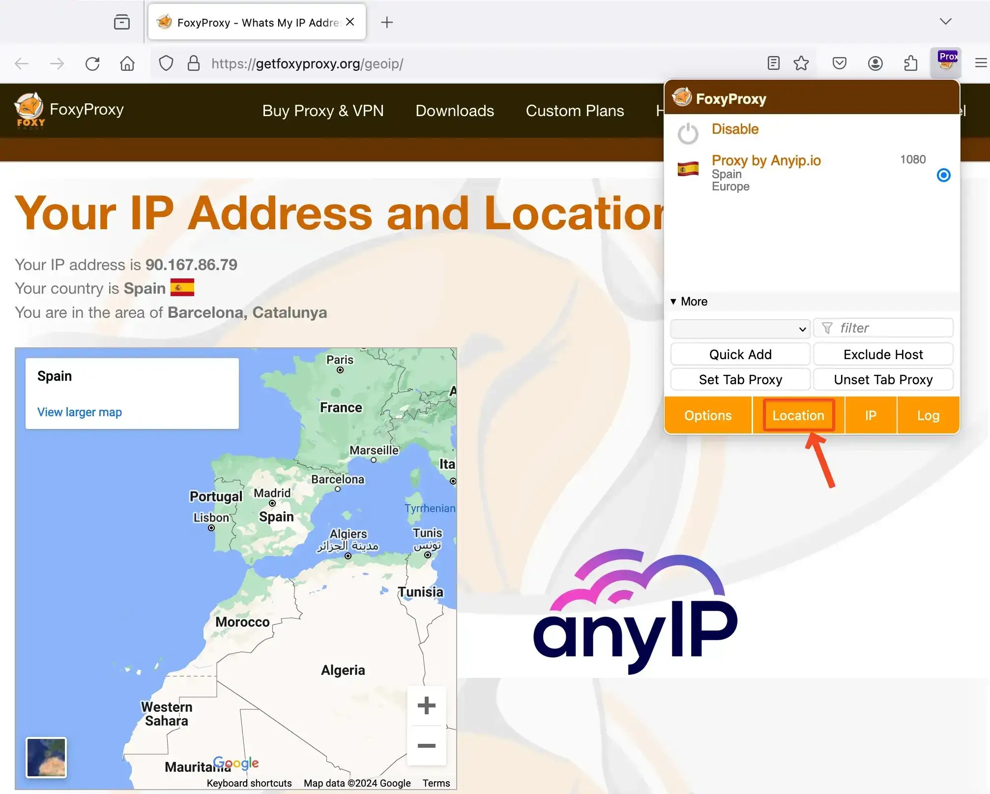 Easily check your IP location using FoxyProxy.